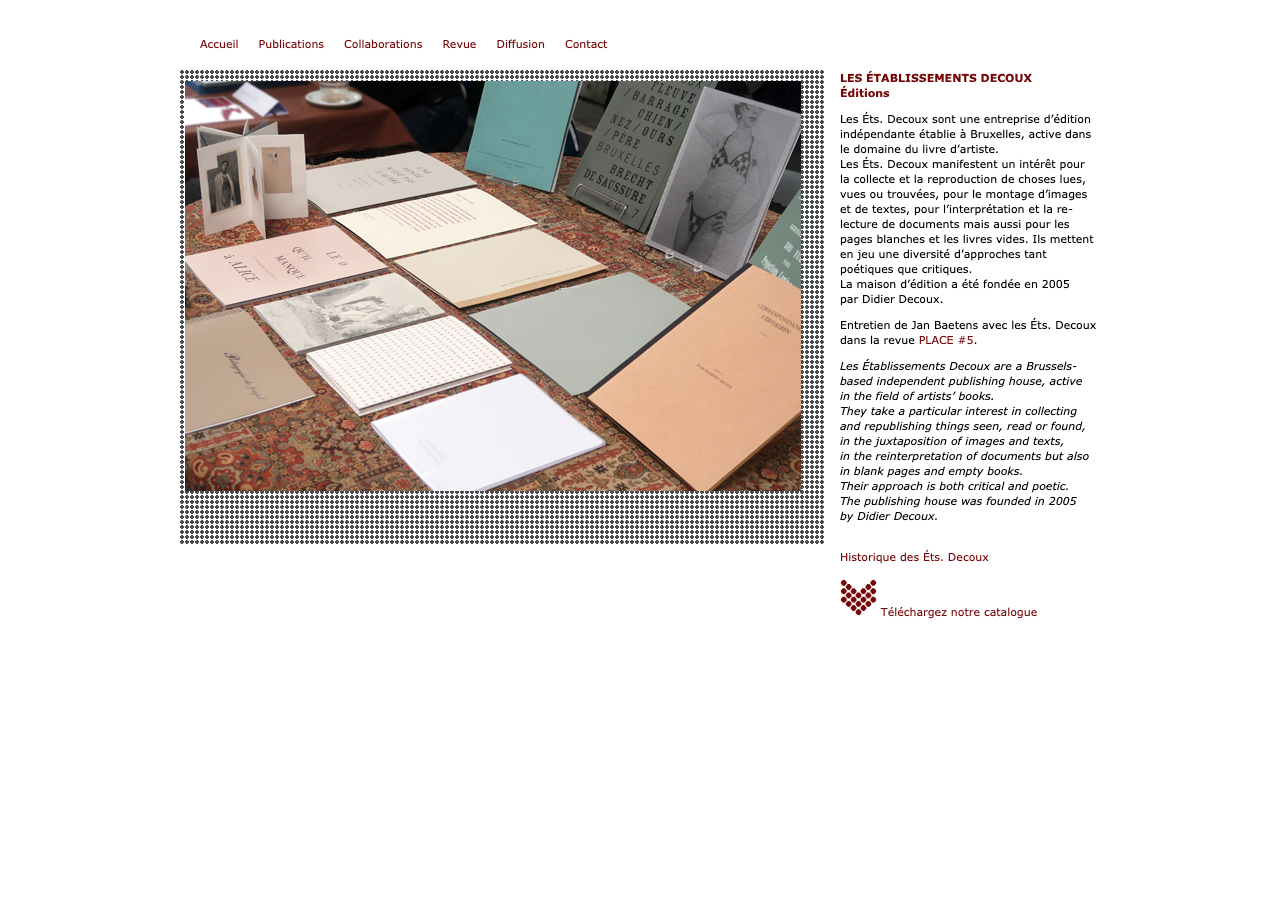 Schermafbeelding van de oorspronkelijke homepage van Établissements Decoux