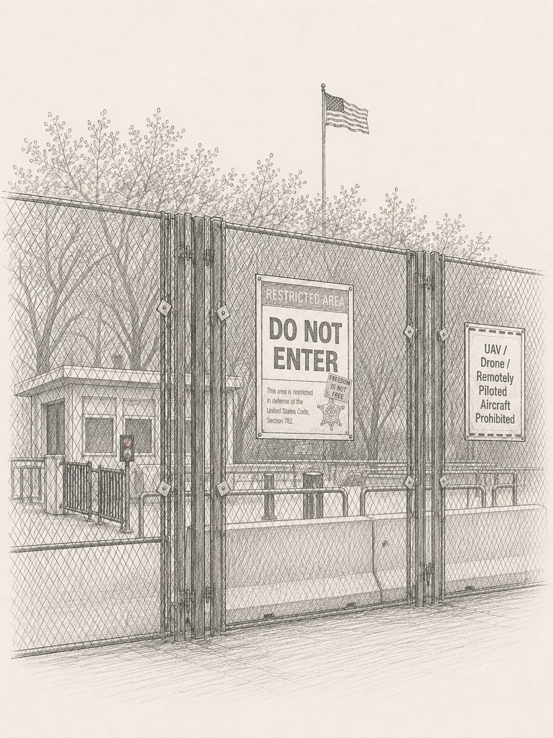 Sketch of a fence and flagpole with a United States flag in the background