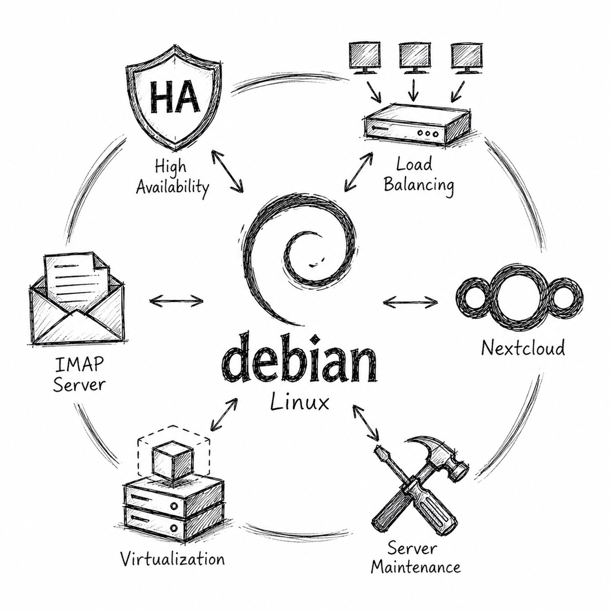 Hand-drawn Debian Linux consulting diagram with high availability, load balancing, Nextcloud, virtualisation and server maintenance