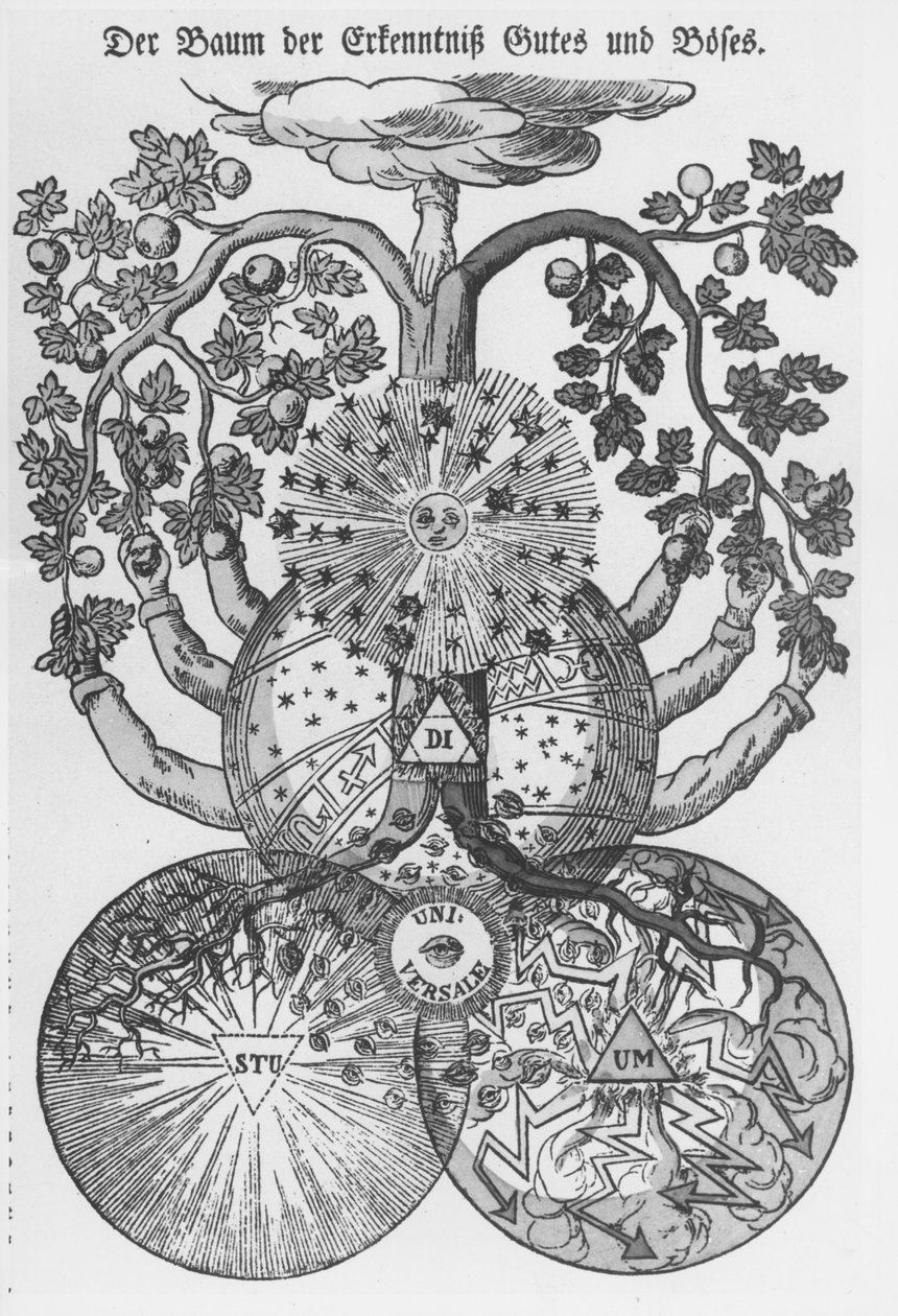 Historischer Stich eines symbolischen Baums mit Himmelskörpern, Früchten und Formen der Welt
