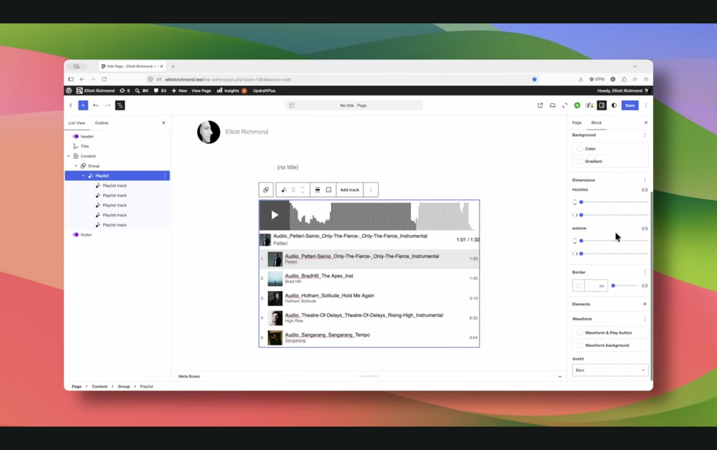 Le bloc Playlist natif avec une forme d’onde audio dans l’éditeur de WordPress 7.1